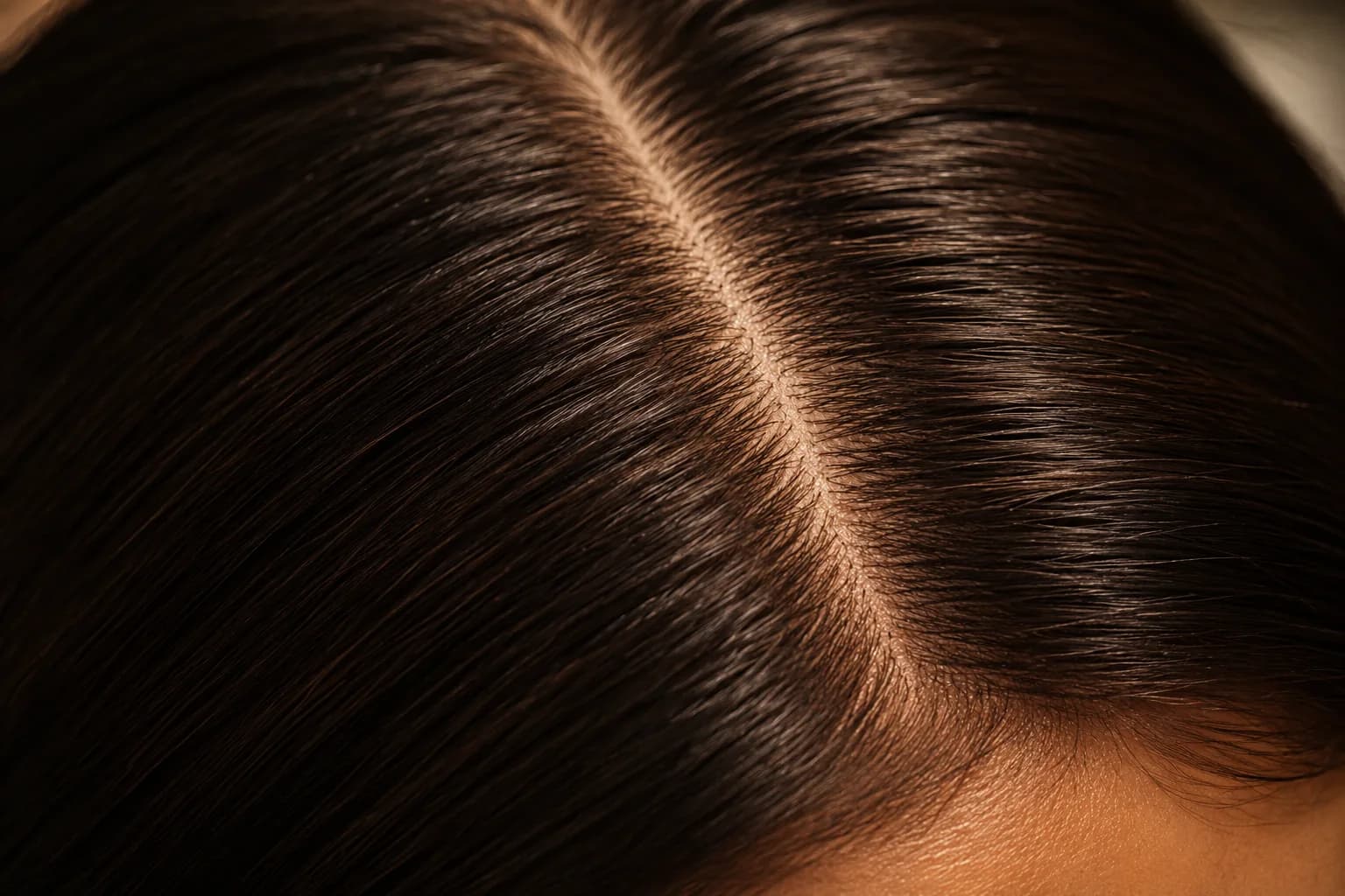 Macro photograph of a clean, healthy scalp with densely rooted hair