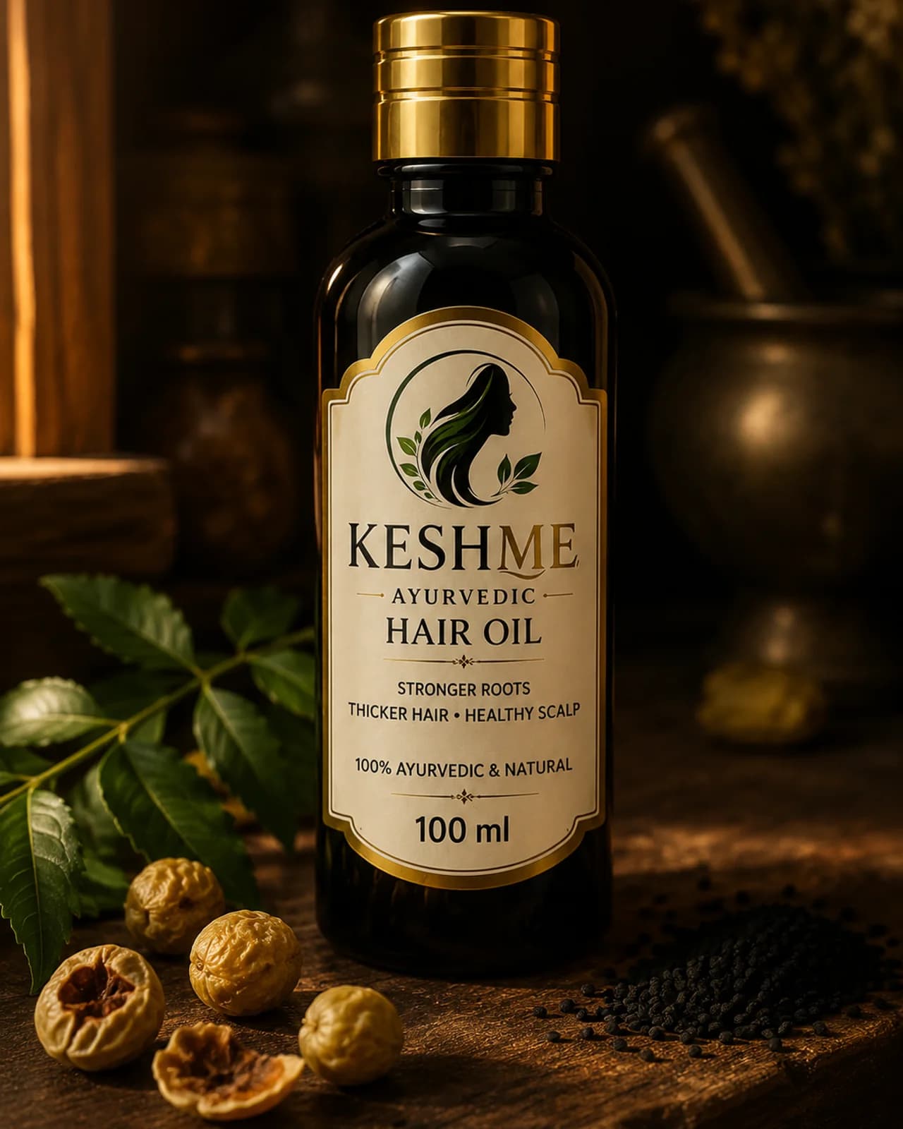 The KESHME Ayurvedic Hair Oil bottle in a warm, low-lit still life