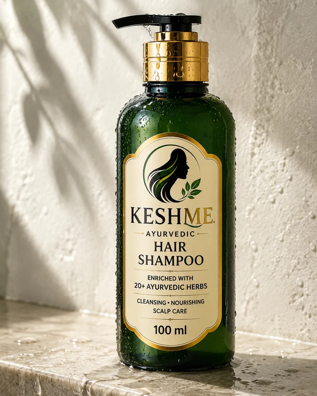 The KESHME Ayurvedic Hair Shampoo bottle in a bright, wet still life