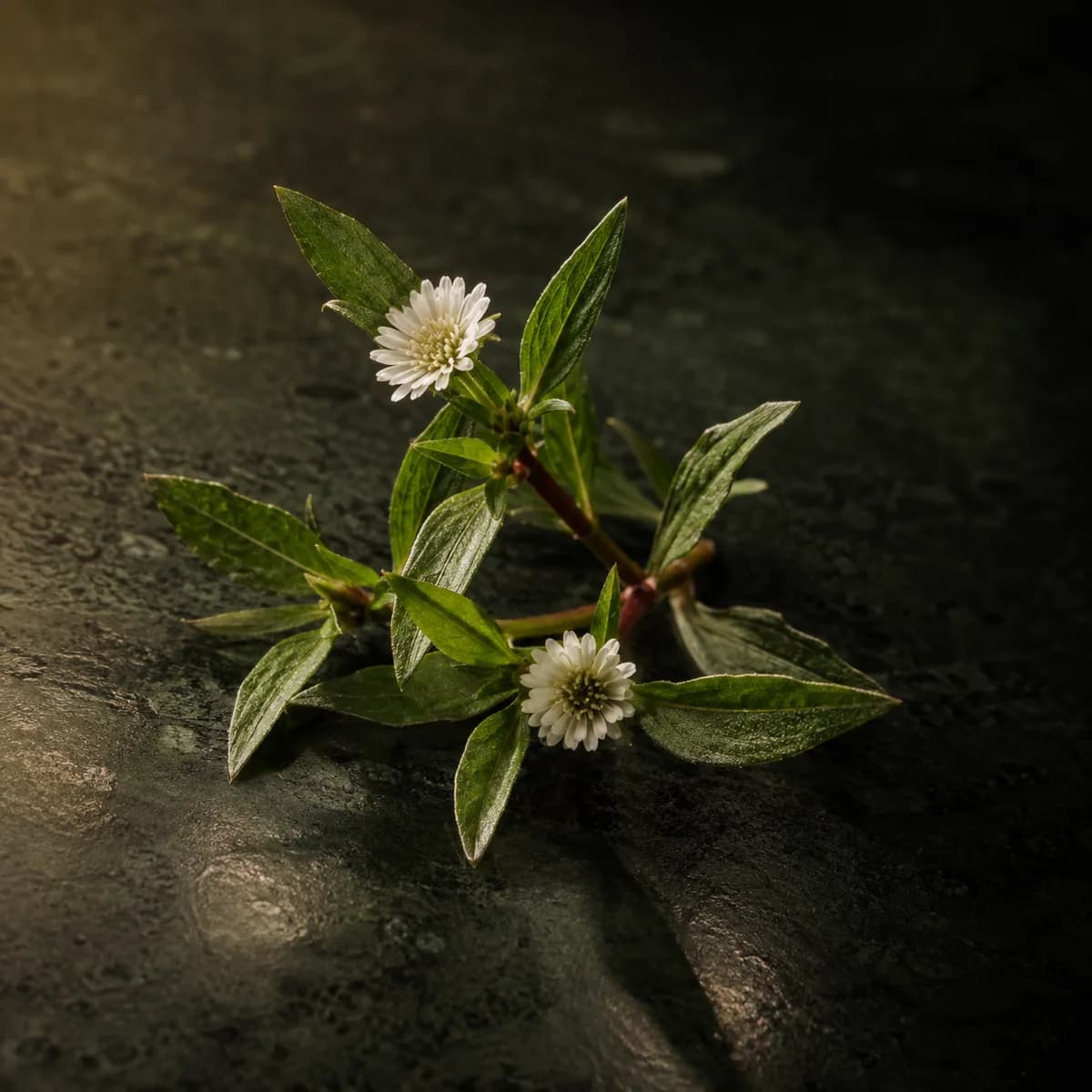 Fresh bhringraj leaves, macro, on a dark stone surface