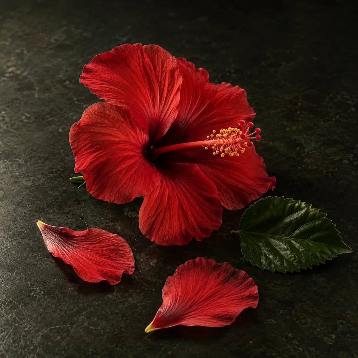 A single hibiscus flower and petals, macro, on a dark stone surface