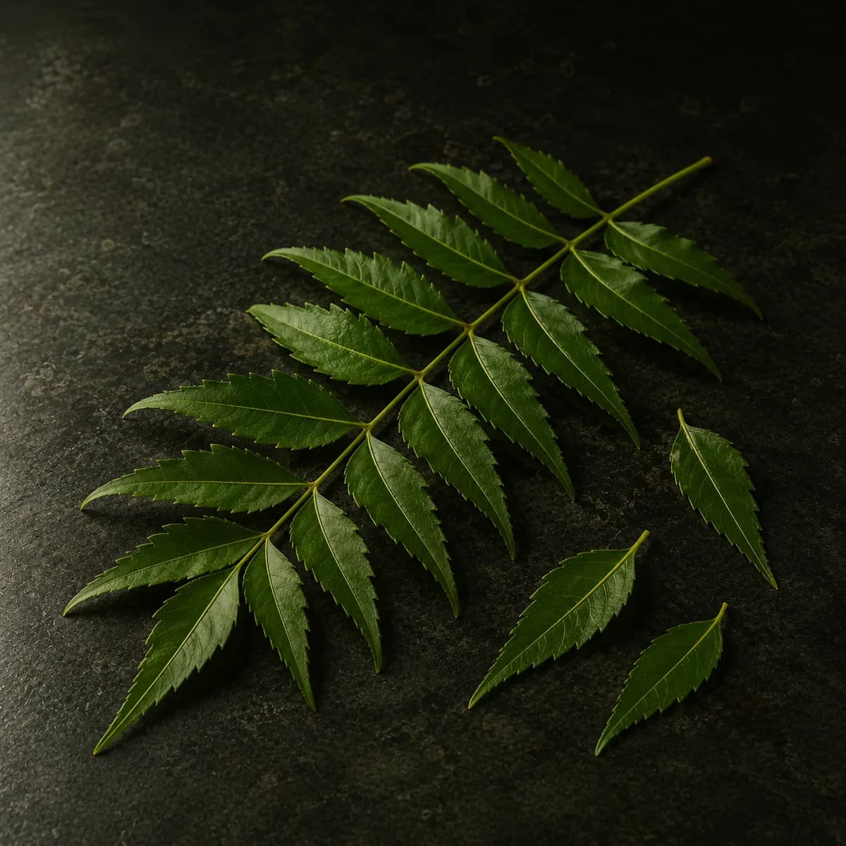A neem sprig with fine leaflets, macro, on a dark stone surface